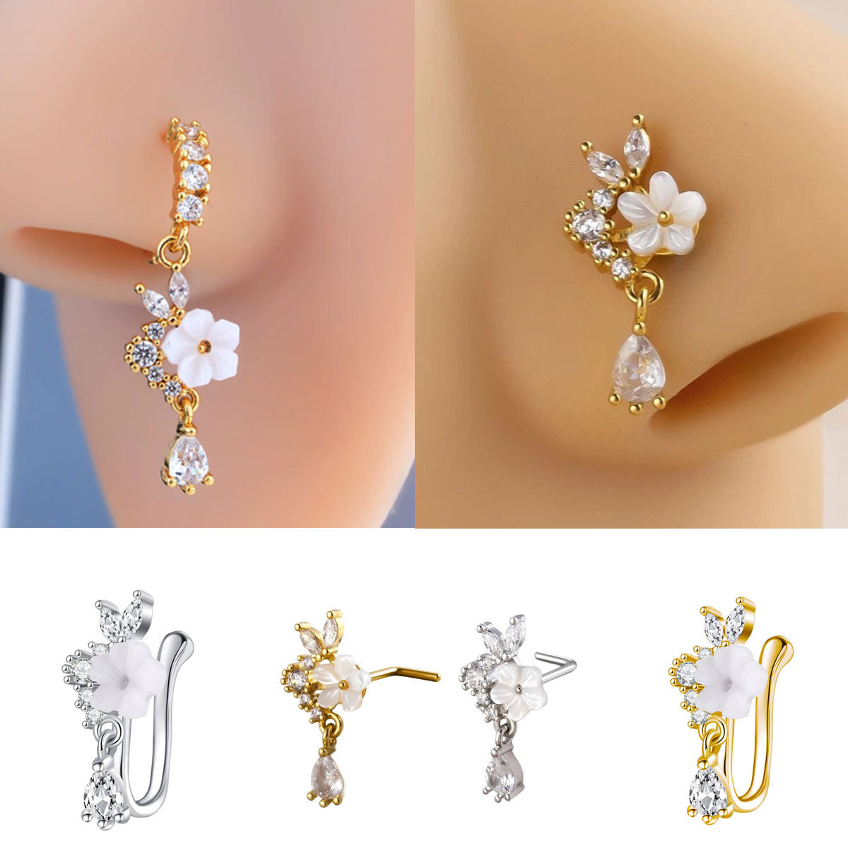 Gold Flower Nose Ring with Dan - Body Jewelry Surgical Steel ulasan dan harga