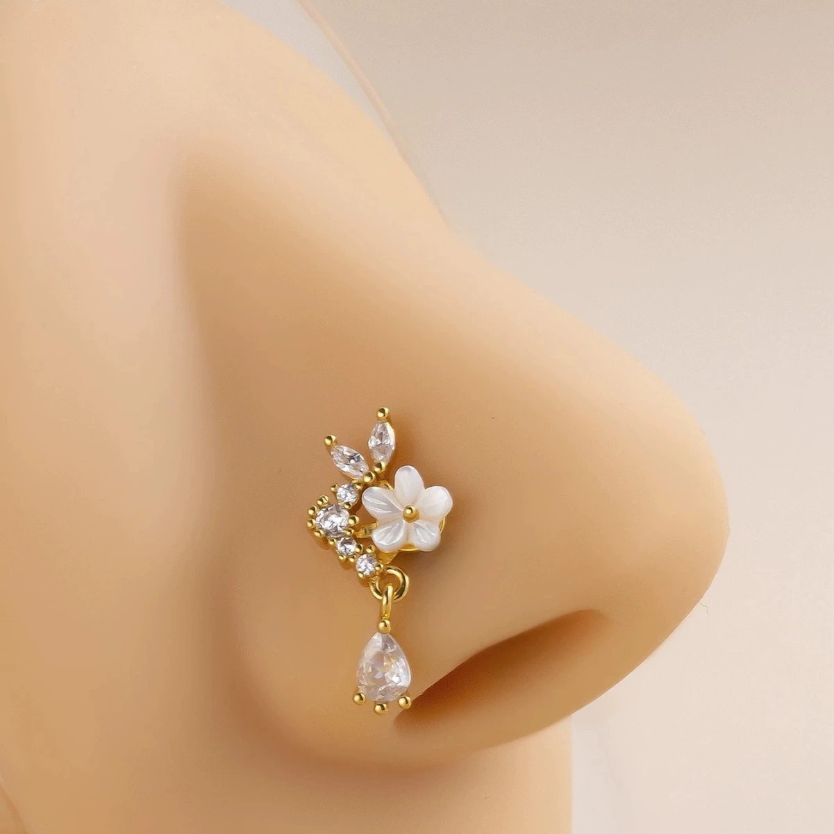 Gold Flower Nose Ring with Dan - Body Jewelry Surgical Steel ulasan dan harga