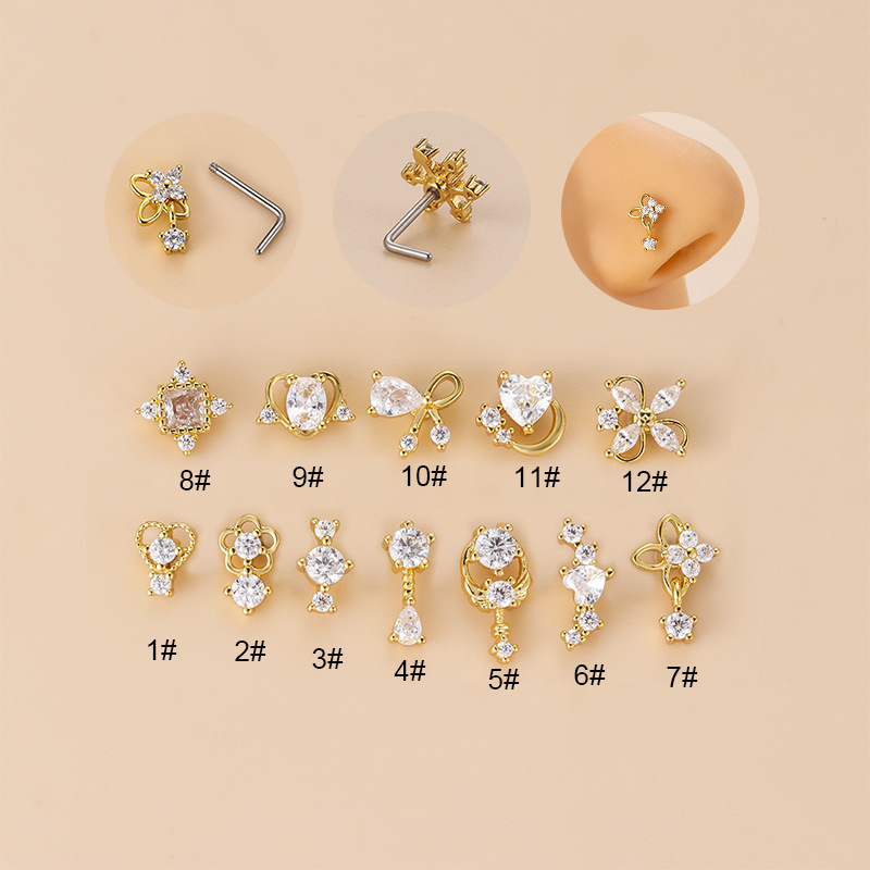 20G L-Shaped Cubic Zircon Nose - Body Jewelry Surgical Steel ulasan dan harga