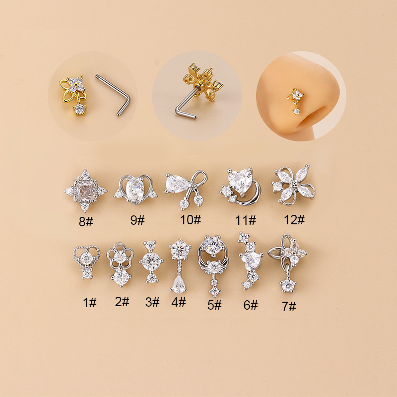 20G L-Shaped Cubic Zircon Nose - Body Jewelry Surgical Steel ulasan dan harga